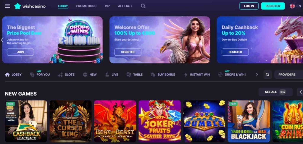 Strona internetowa Wish Casino