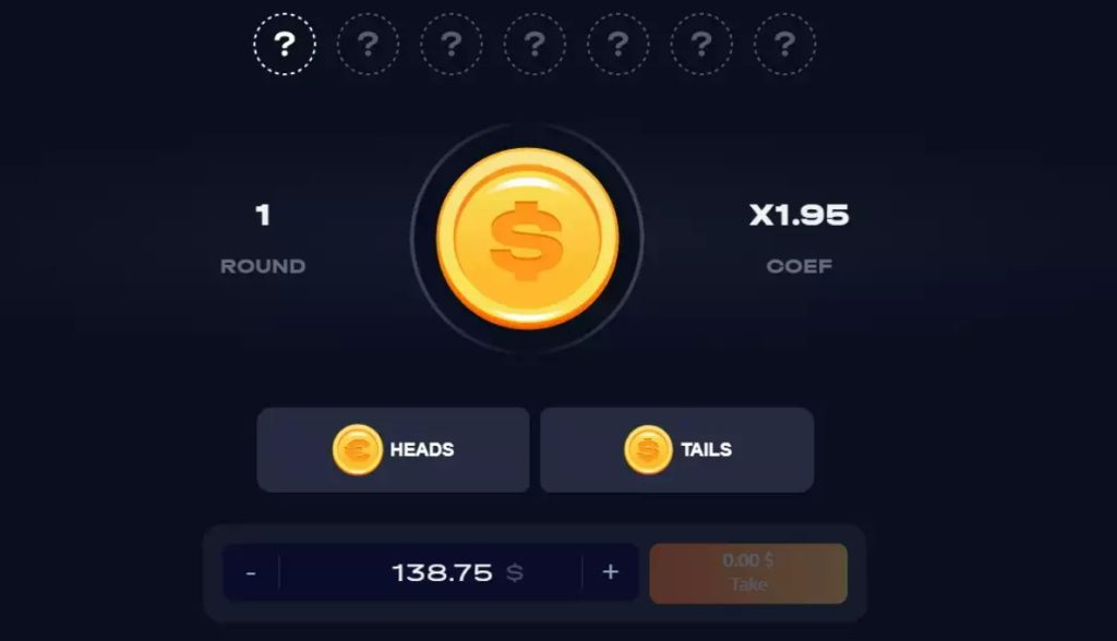 Gameplay of online game Coin Flip