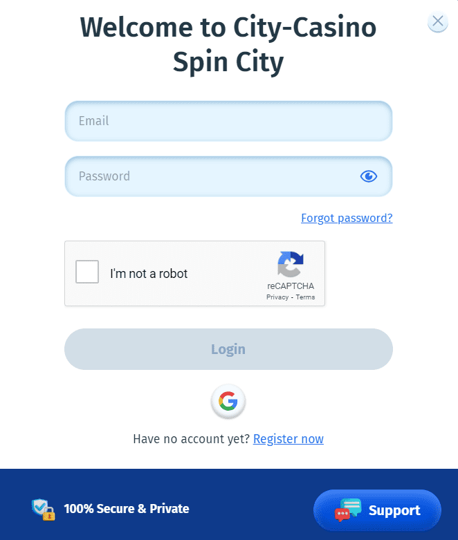Processo de registro do cassino Spin City.